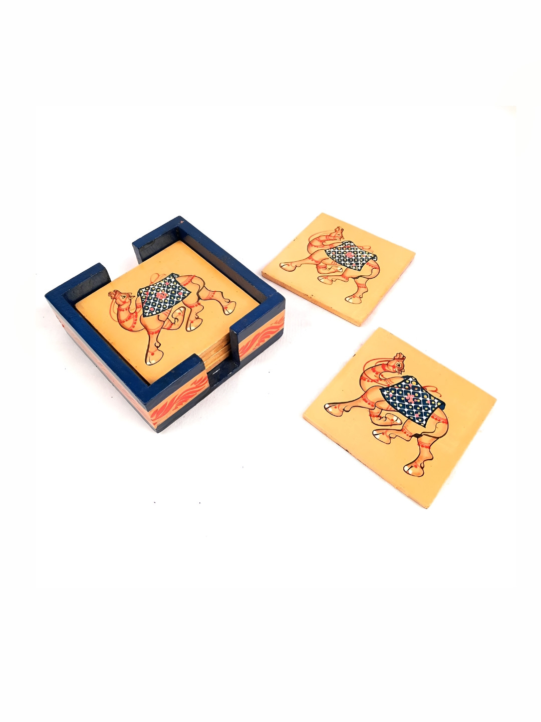 apka mart 6Pcs Blue & Yellow Printed Wooden Square Coasters