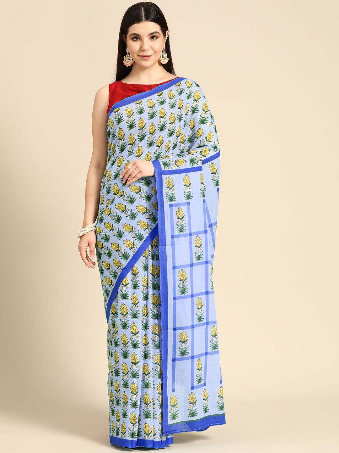 BUTA BUTI  Blue Color Floral Printed Pure Cotton Saree