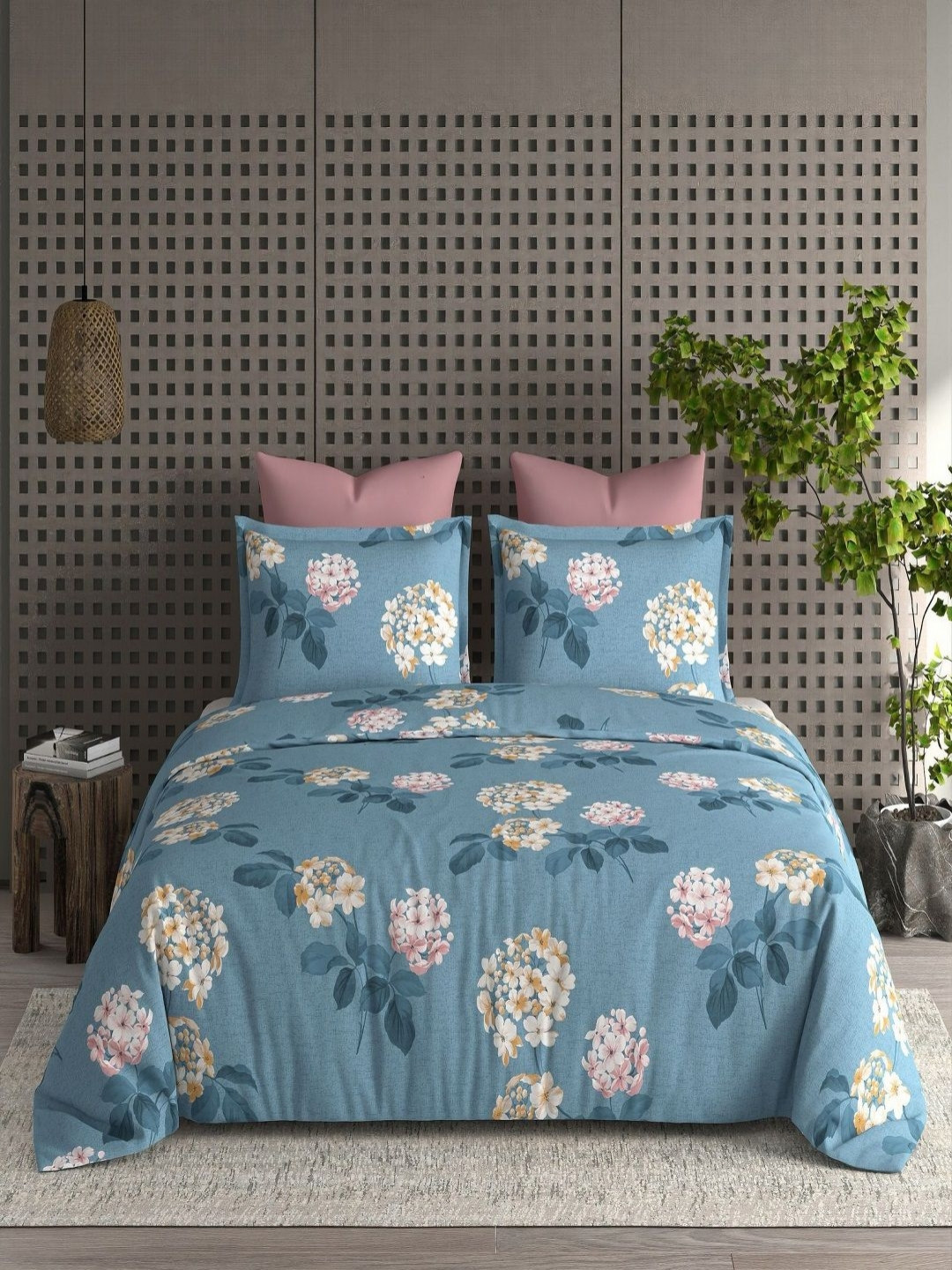 CHICERY Ultra Soft Blue Floral Pure Cotton 210 TC King Fine Bedsheet with 2 Pillow Covers-43 x 43 inches