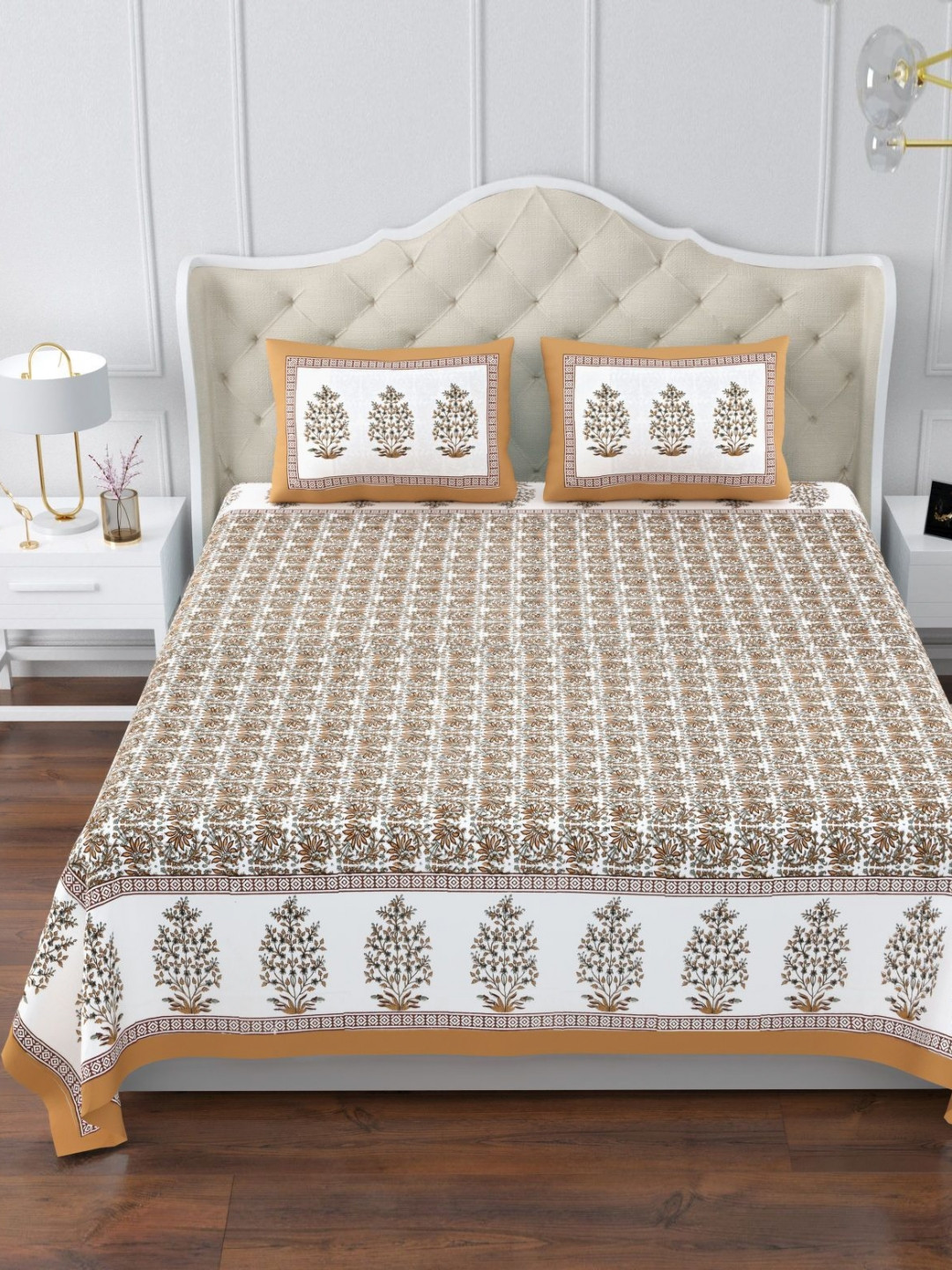 Urban Jaipur Urbana Brown Floral Cotton 230 TC King Fine Bedsheet with 2 Pillow Covers-274 x 274 cm