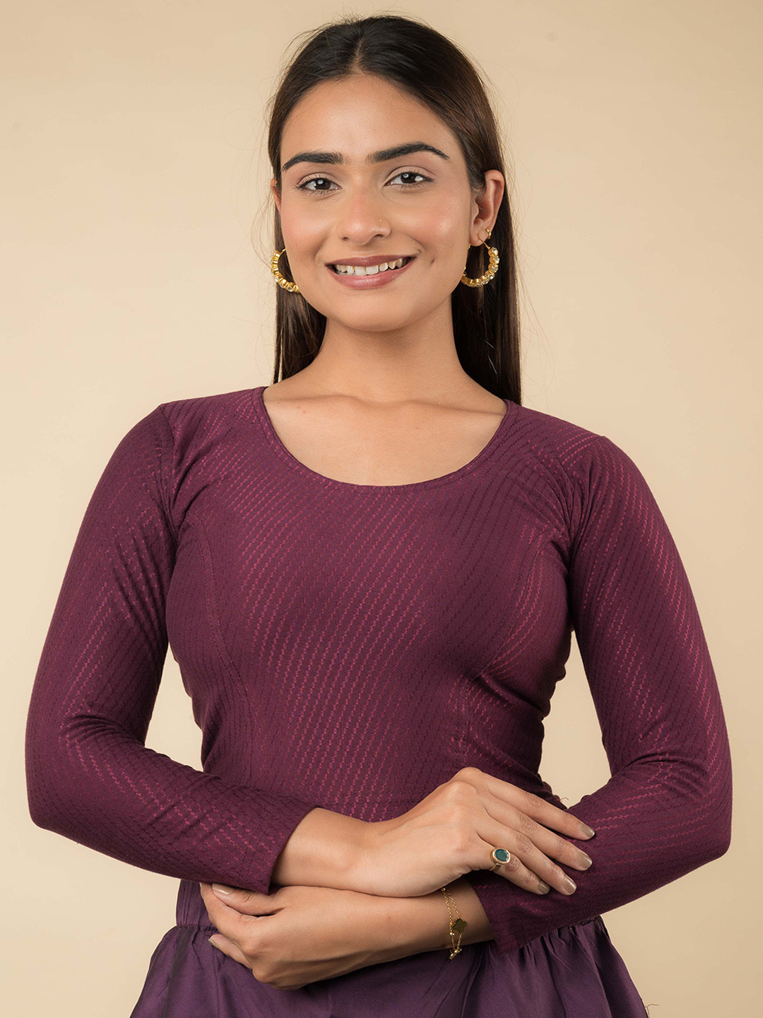 Bindigasm's Advi Self Design Dobby Long Sleeve Non-Padded Cotton Saree Blouse