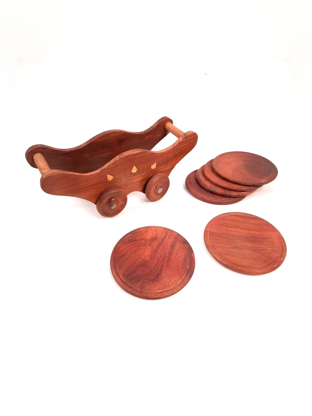 apka mart 6-Pcs Brown Printed Wooden Coasters With Stand