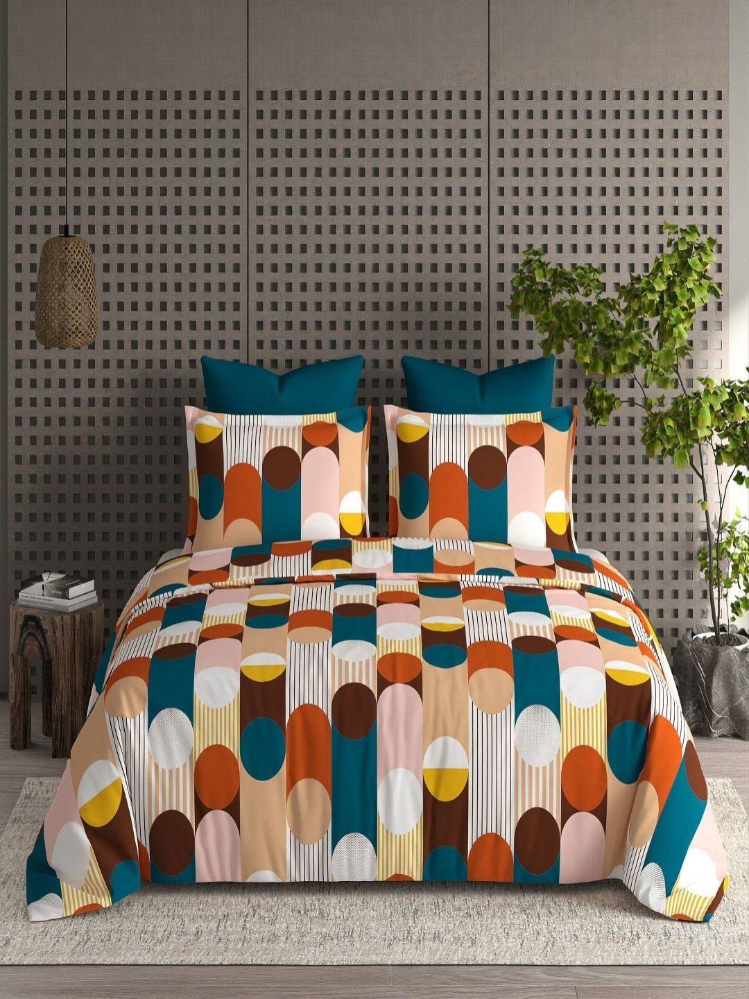 CHICERY Ultra Soft White Geometric Cotton 210 TC King Fine Bedsheet with 2 Pillow Covers-108 x 108 inches