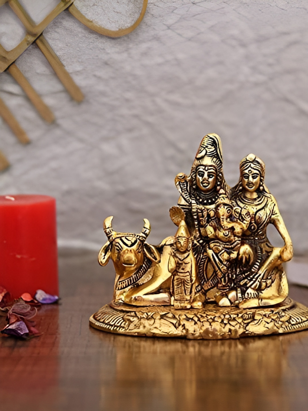 Navyaksh Shiva Parvati Ganesh Gold Metal Metallic Prayer Room Hand-Crafted Small Showpiece - 3.1 Inches