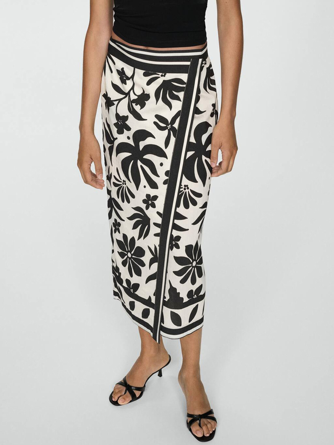 MANGO Floral Print Wrap Monochrome Skirt