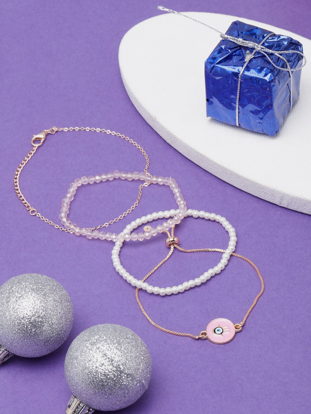 KPOP Set Of 4 Rose Gold-Plated Stone Studded & Beaded Charm Bracelets