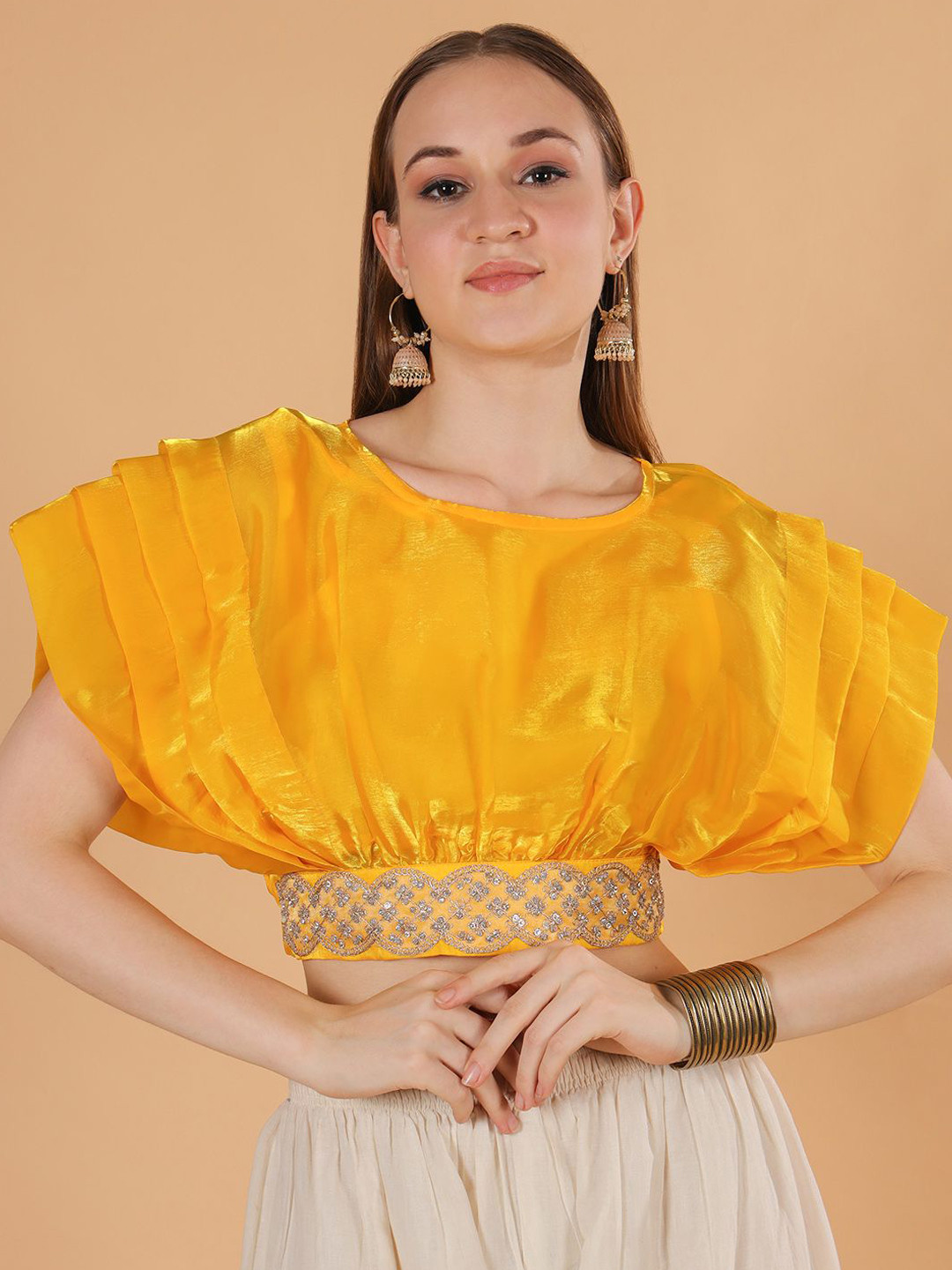 Frolic Rolic Solid Organza Round Neck Embellished Belt Saree Blouse With Inner Cami