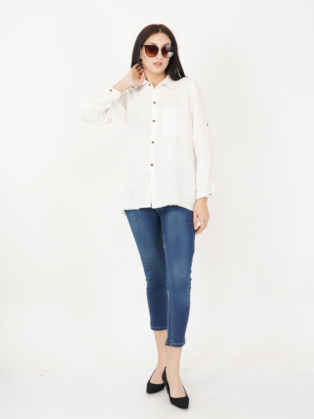 Linen Options Women Spread Collar Solid Linen Casual Shirt