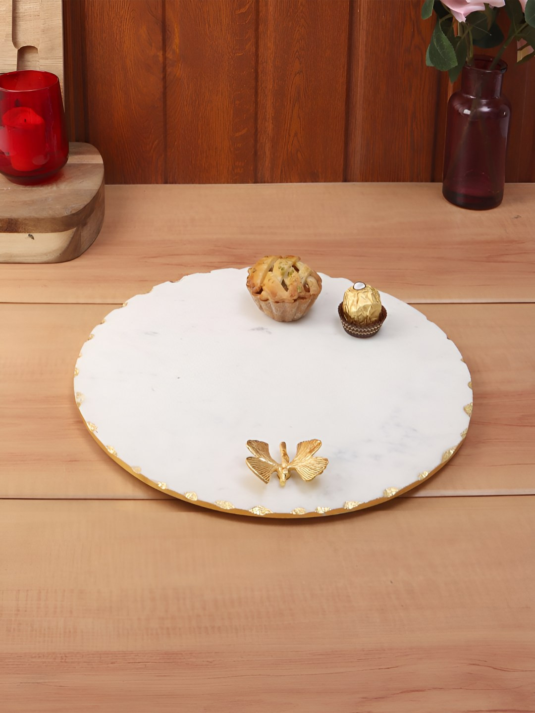 NikkisPride White Stoneware Round With Gold Foil Work & Butterfly Embedded Food Platter