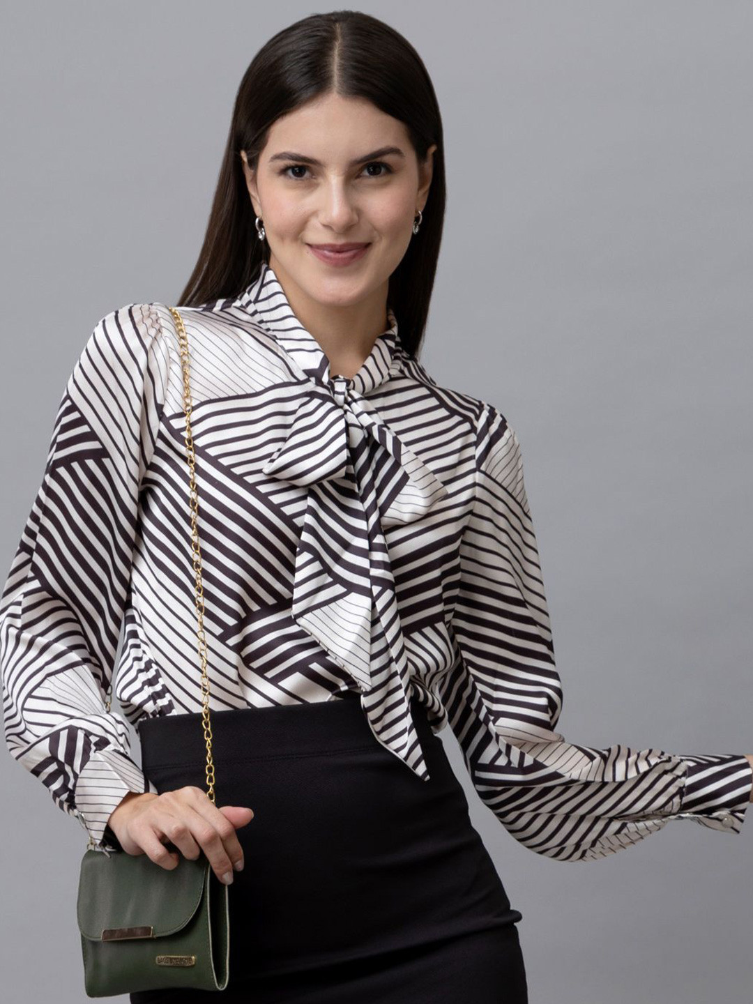 PURYS WORKSPACE Women Abstract Printed Tie-Up Neck Top