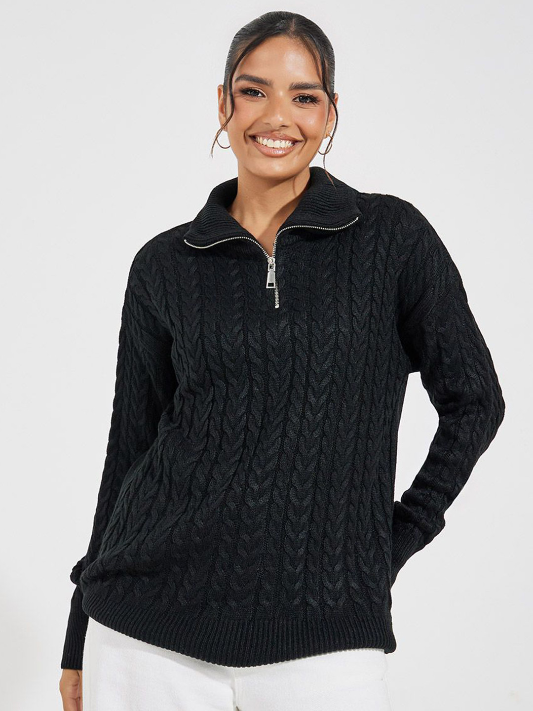 Styli Women Cable Knit Self Design Oversized  Half Zip Pullover Sweater