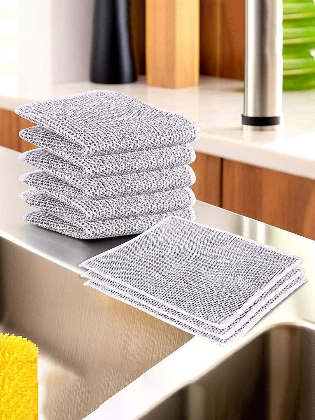 Kuber Industries Silver Toned 8 Pieces Double Layered Non Scratch Wire Dish Clothes