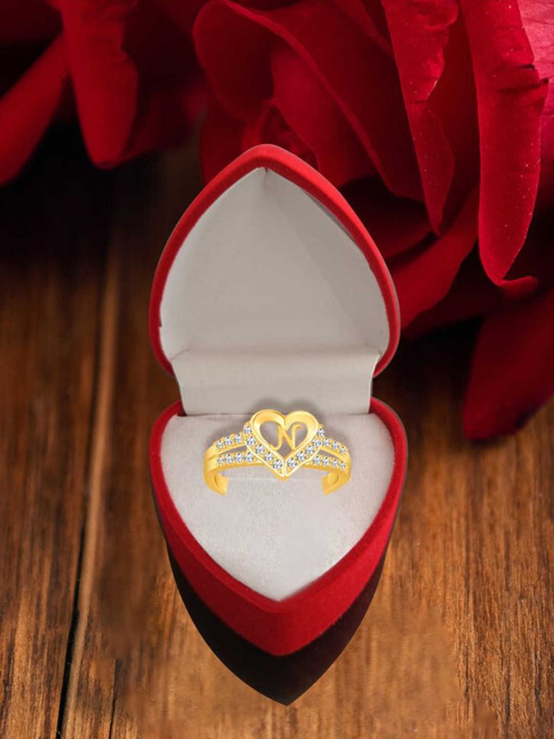 Heer Collection Gold Plated American Diamond Heart Shape N Alphabet Finger Ring