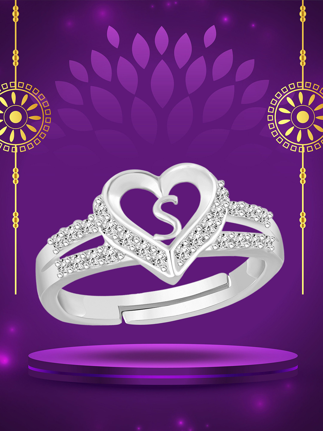 Heer Collection Silver Plated American Diamond Heart Shape S Alphabet Finger Ring