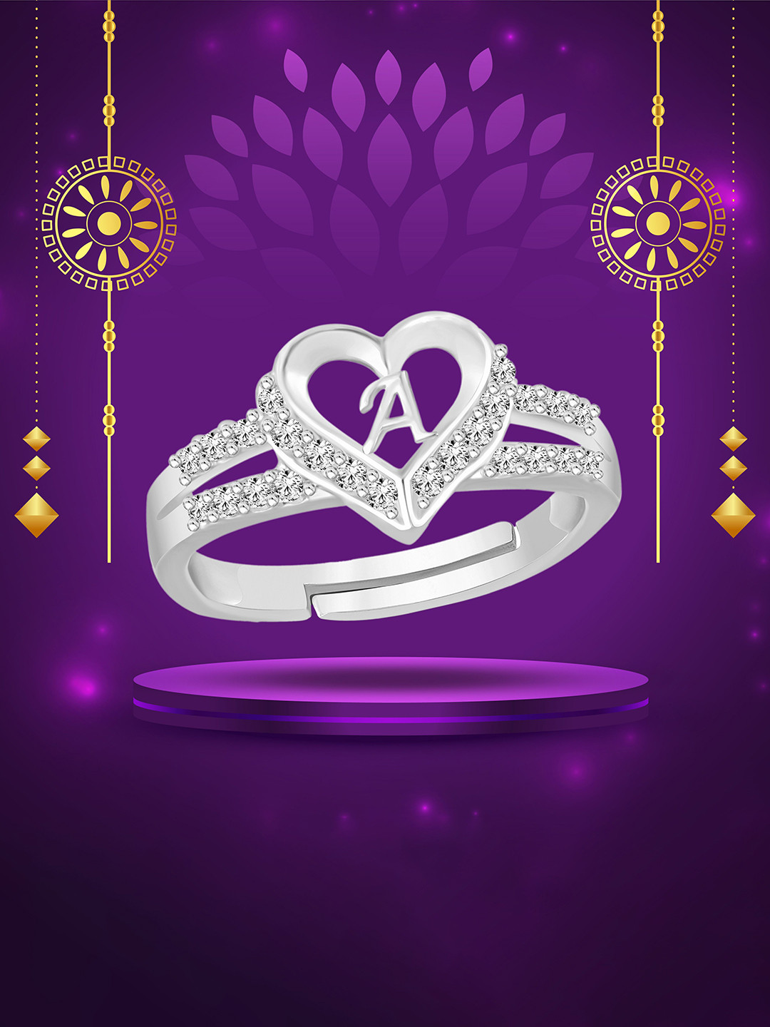 Heer Collection Unisex Silver-Plated AD Stone Studded Alphabet A Adjustable Finger Ring