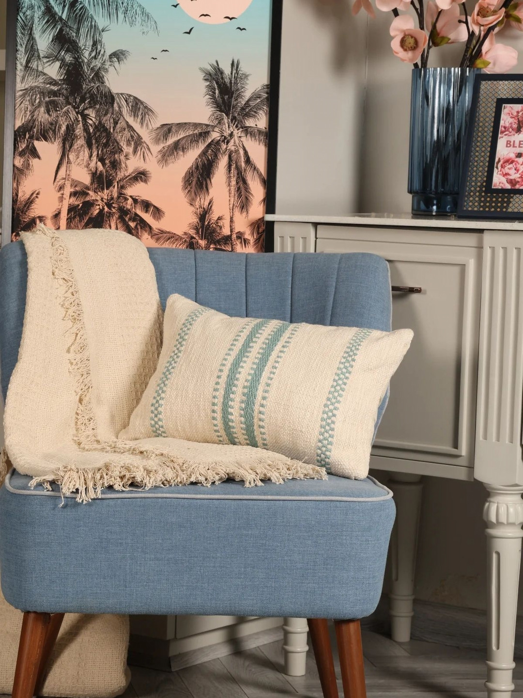 SASHAA WORLD Cream-Coloured & Sea Green Striped Rectangle Cushion Covers