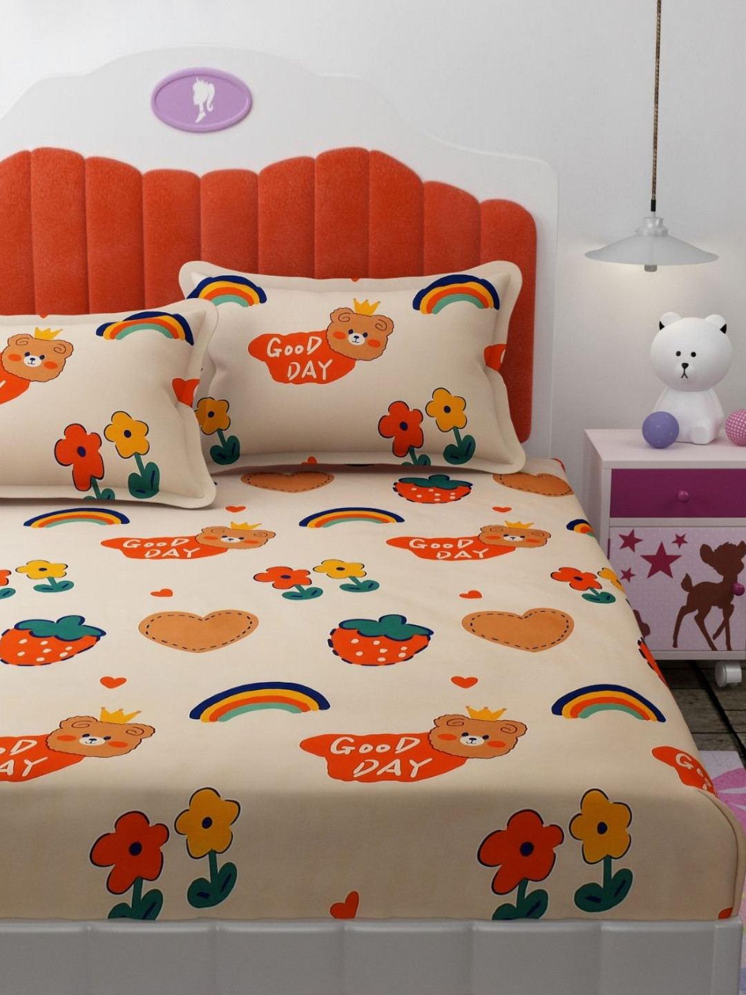 Florida Beige & Red Graphic 180 TC Queen Bedsheet with 2 Pillow Covers