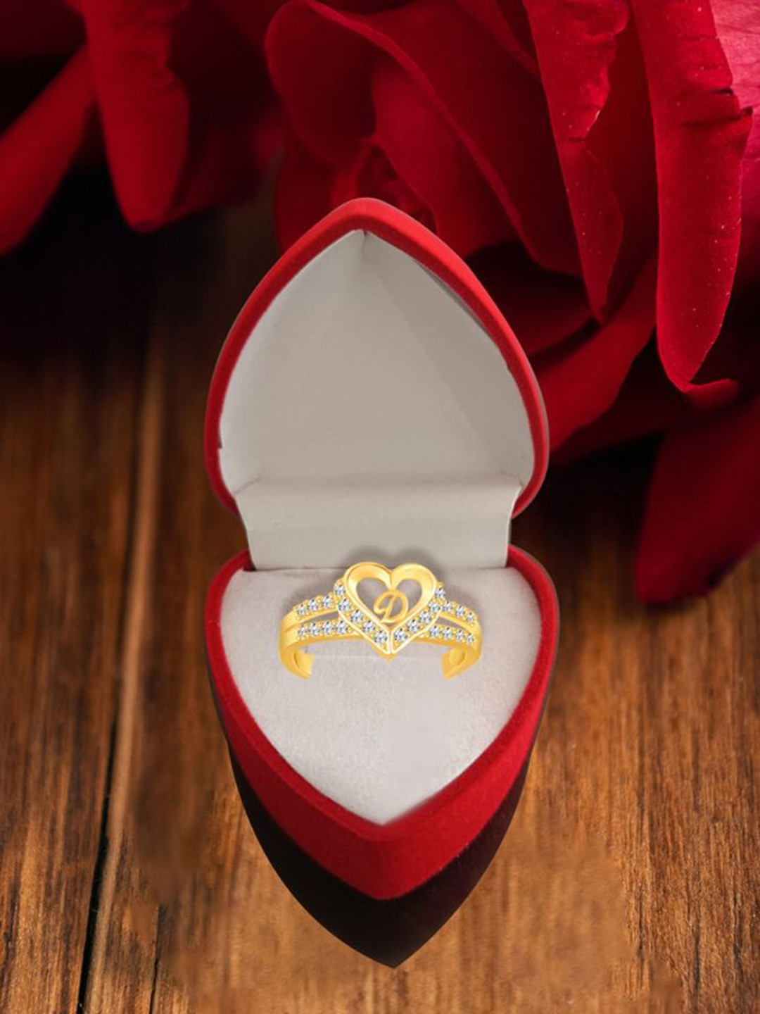 Heer Collection Gold Plated American Diamond Heart Shape D Alphabet Finger Ring