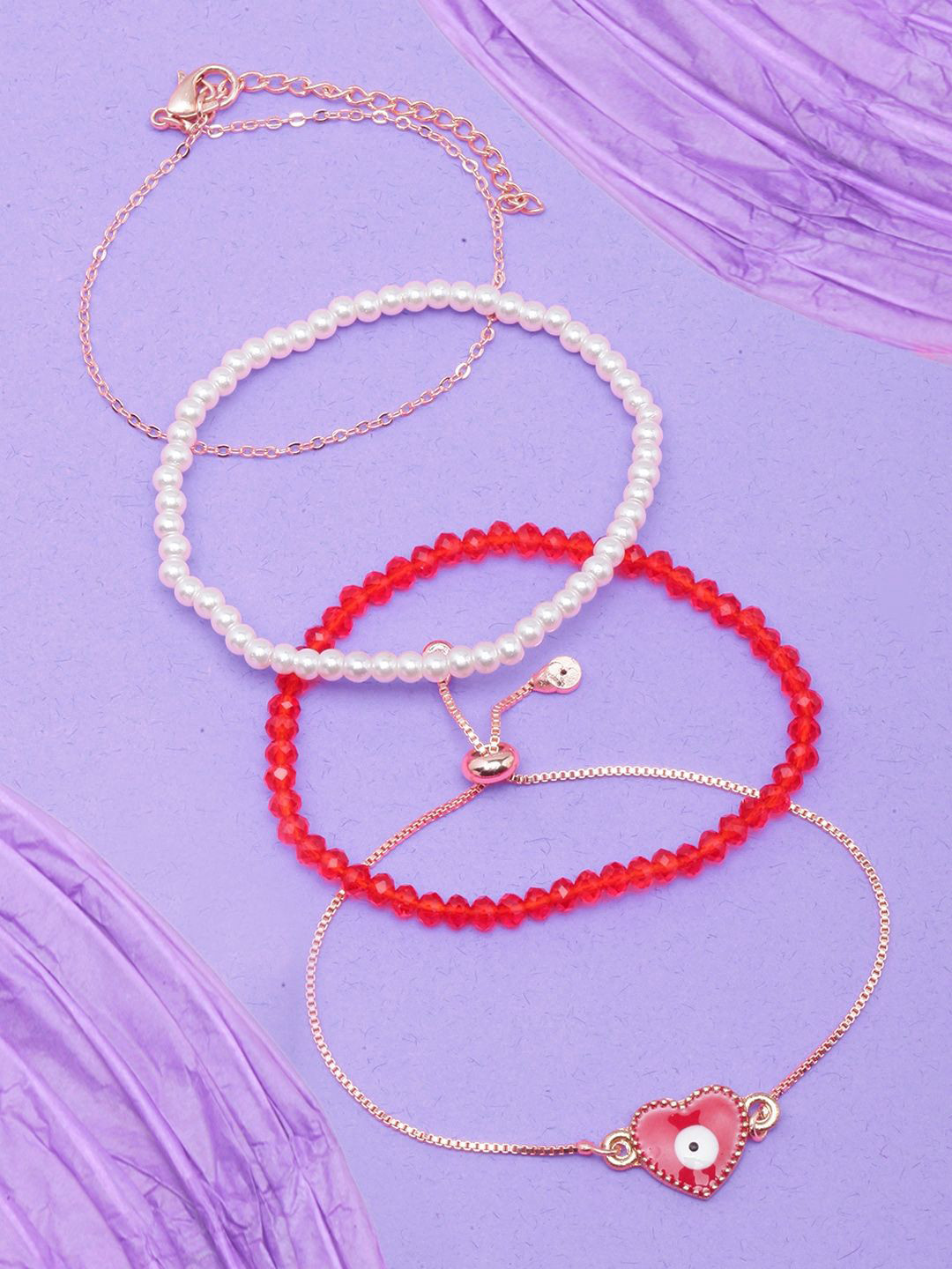 KPOP Set Of 4 Rose Gold-Plated Stone Studded & Beaded Charm Bracelets
