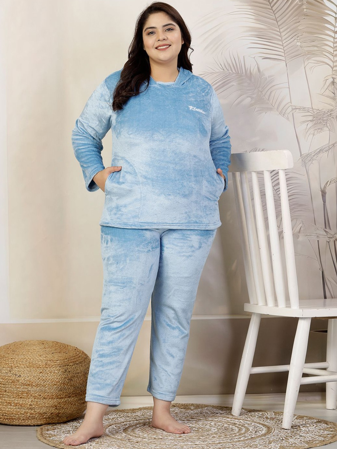 Women SkyBlue Solid Round Neck Plus Size Hooded Woolen Night Suit