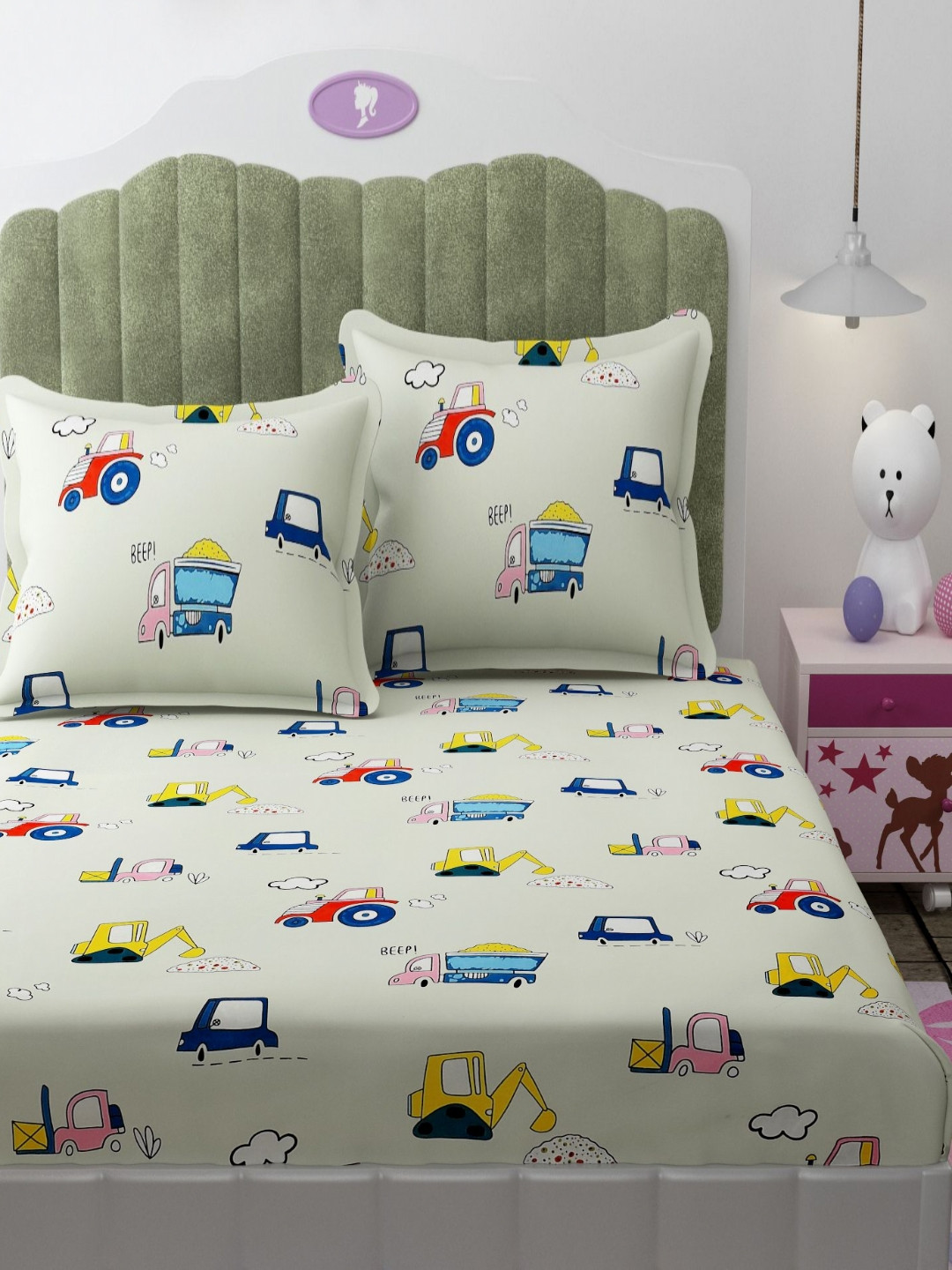 Florida Sea Green & Yellow Graphic 180 TC King Bedsheet with 2 Pillow Covers