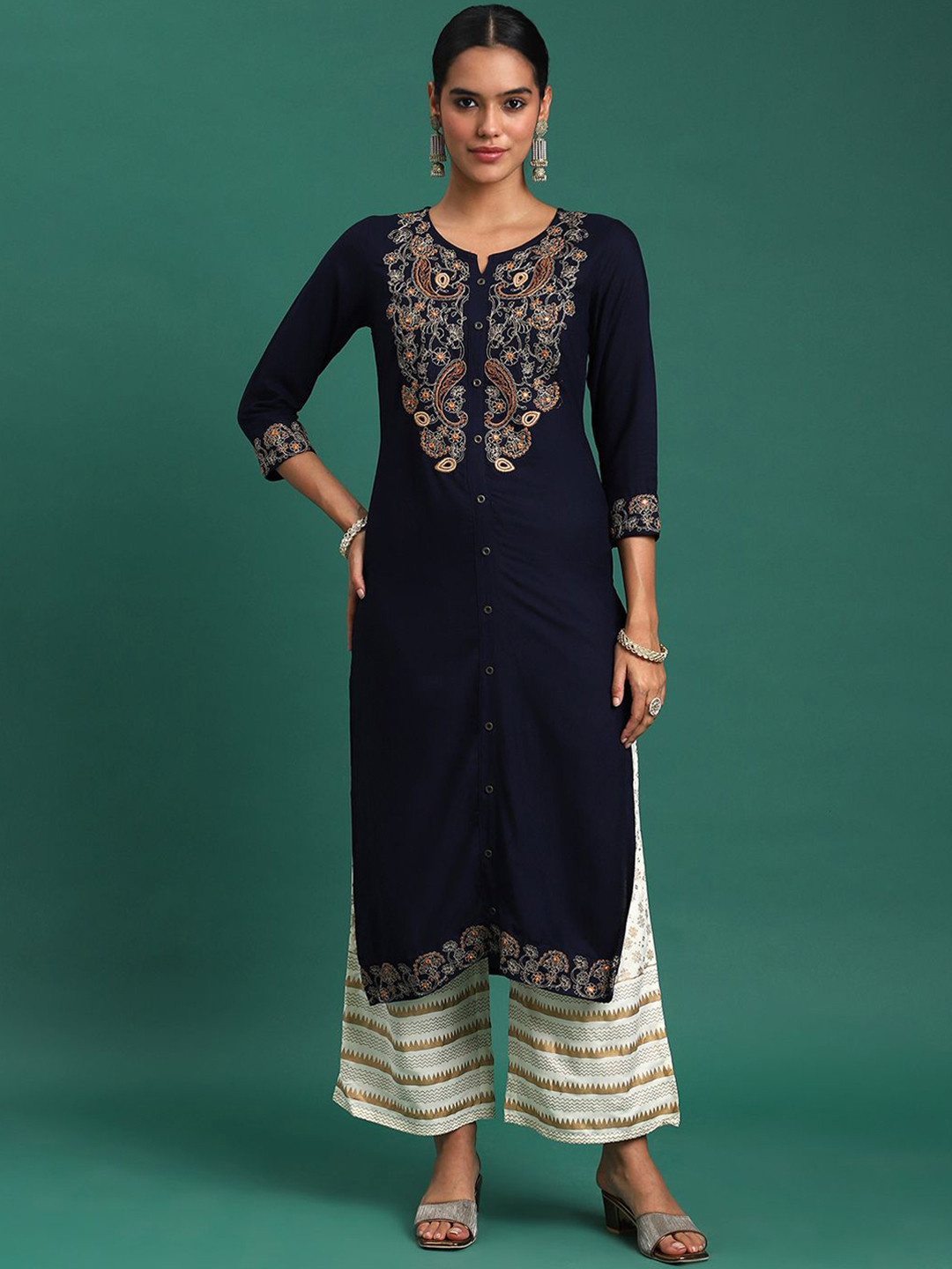 Sangria Navy Blue Paisley Embroidered Thread Work Notched Round Neck Straight Kurta