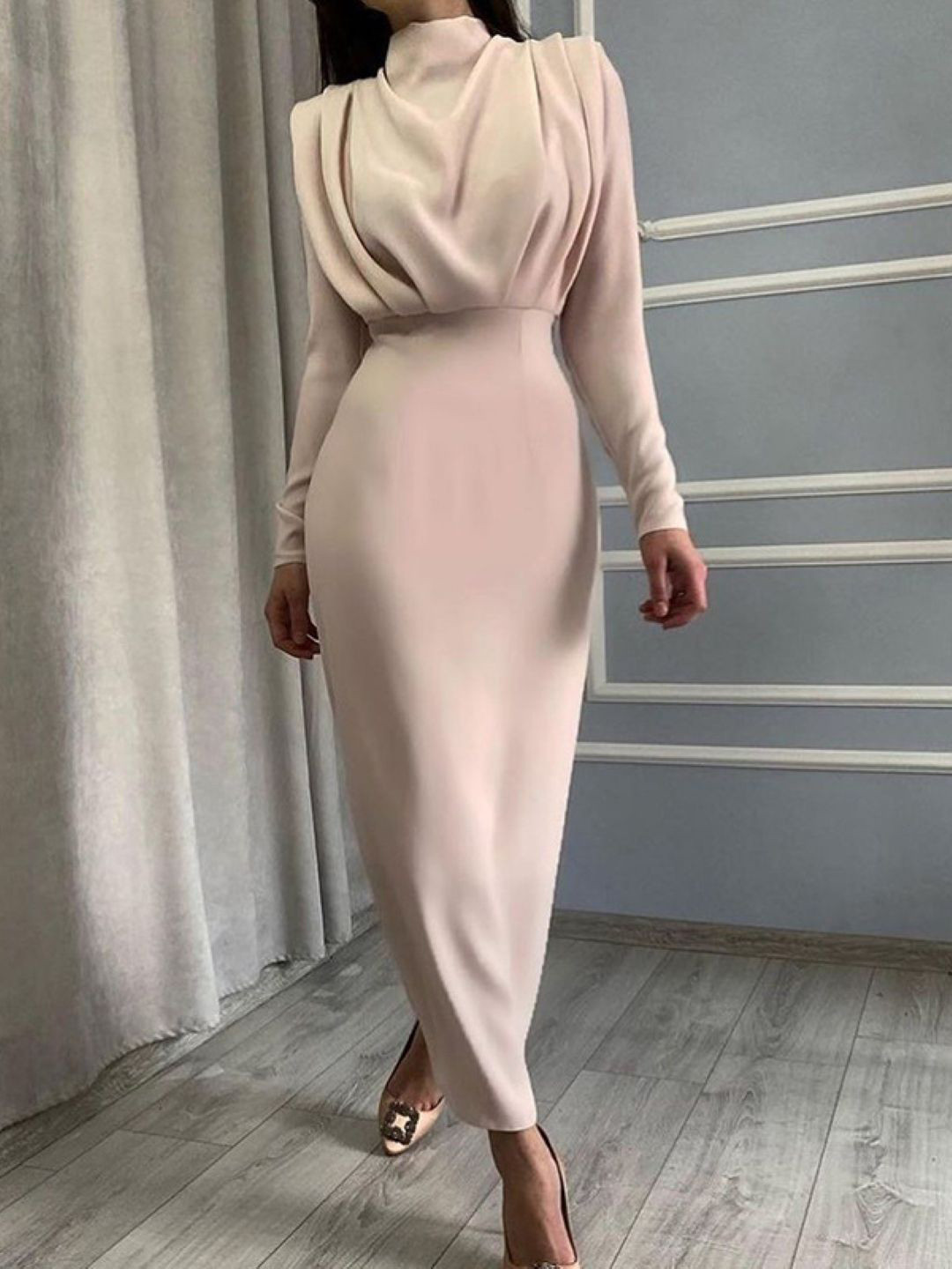 KPOP Women's High Neck Solid Long Sleeves Bodycon Maxi Dress