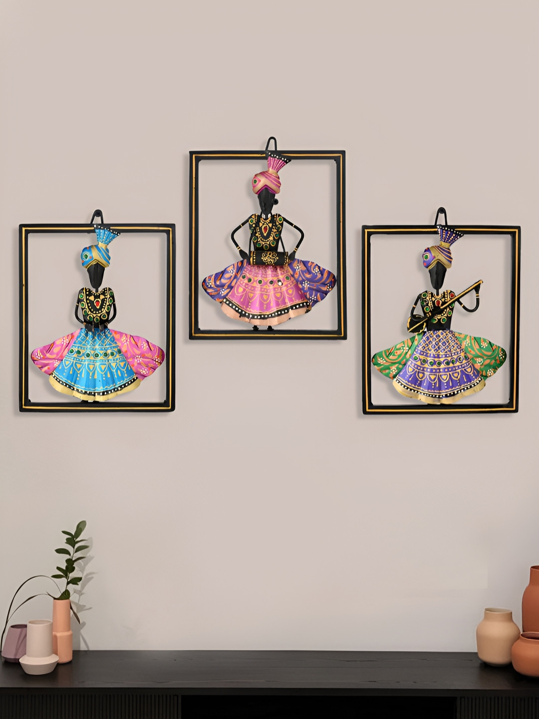 Aapno Rajasthan 3 Male Rajasthani Musicians Metal Glossy 3Pcs Wall Hangings-9.8In