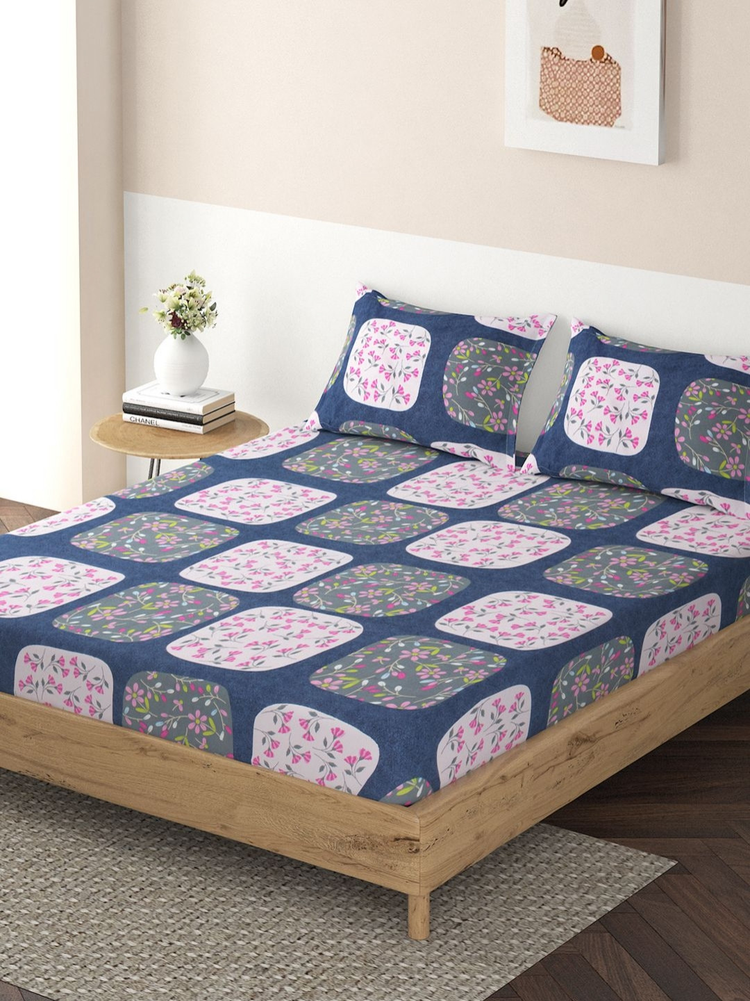 HOKIPO Pink & White Floral 130 TC Queen Bedsheet with 2 Pillow Covers