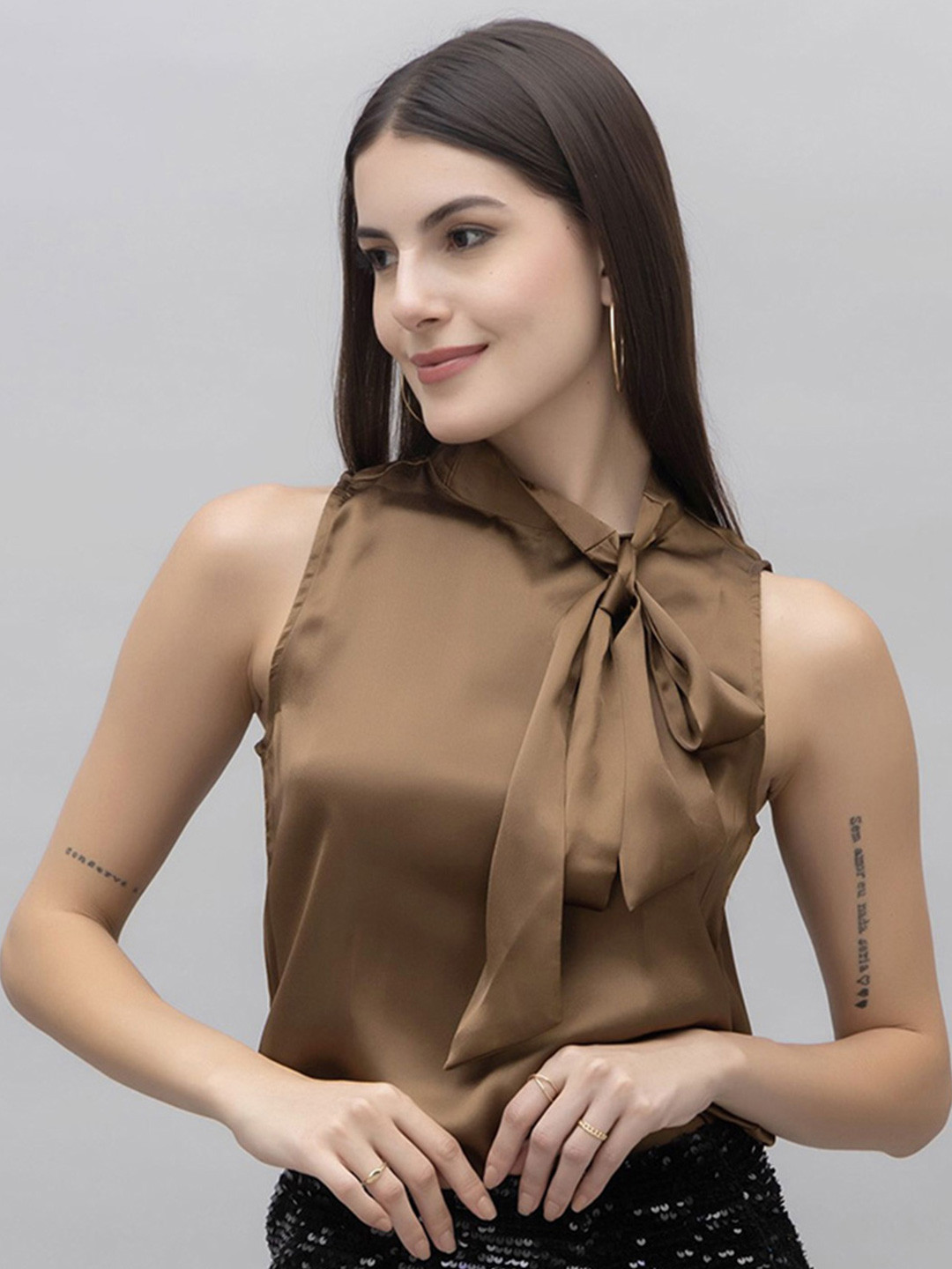 PURYS WORKSPACE Women Solid Tie-Up Neck Top