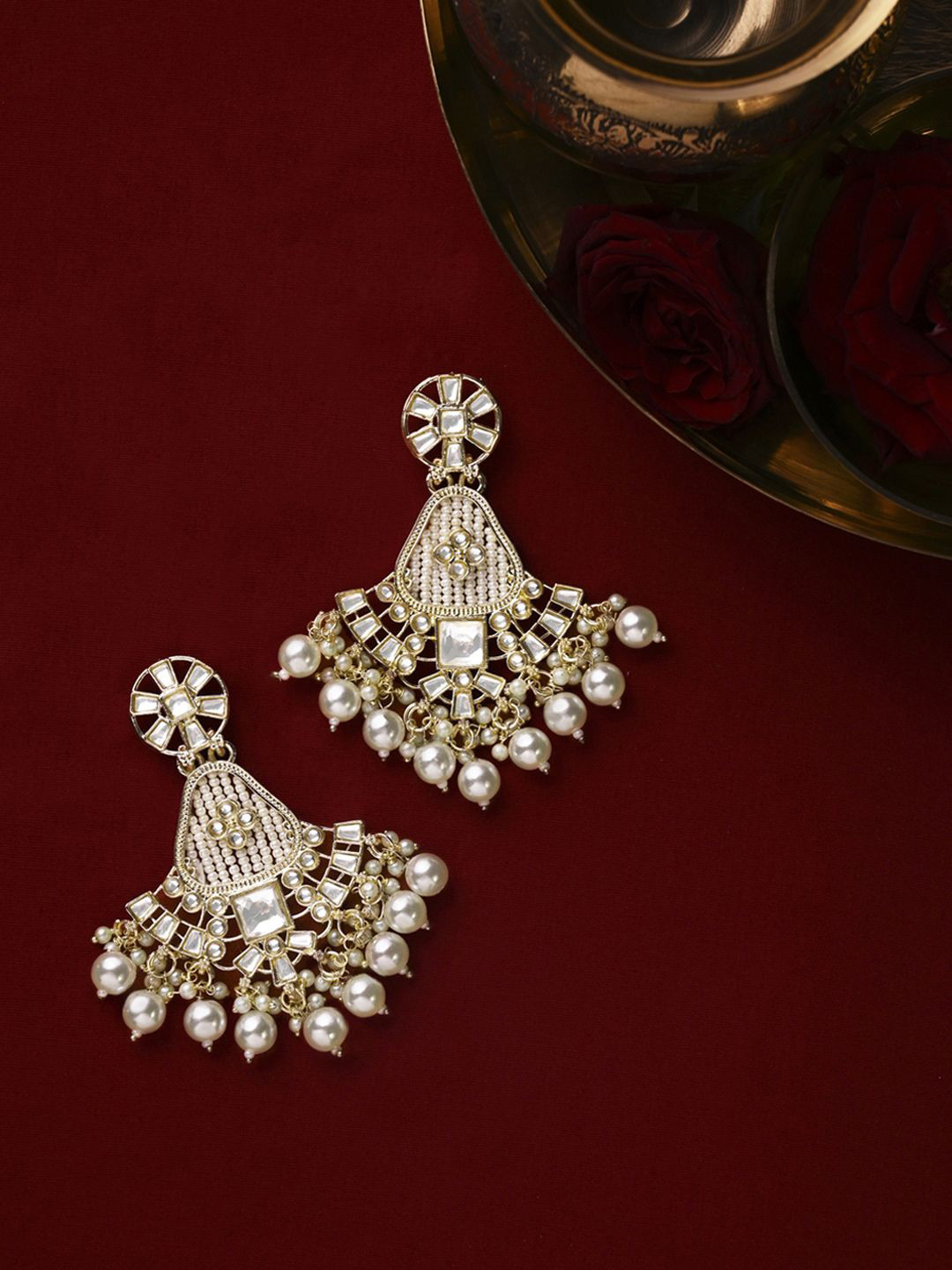 Kalakrith Milano Kundan Studded & Pearls Beaded Chandelier Drop Earrings