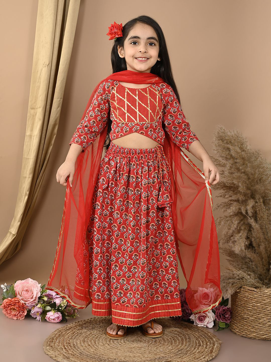 Sangria Girls Katha Printed Lehenga With Top & dupatta