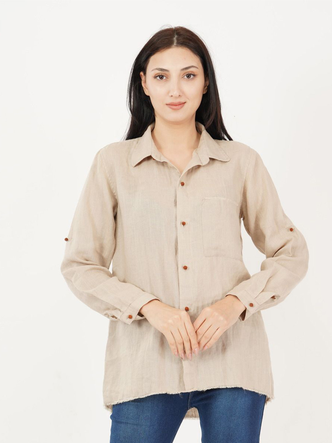Linen Options Women Spread Collar Solid Linen Casual Shirt
