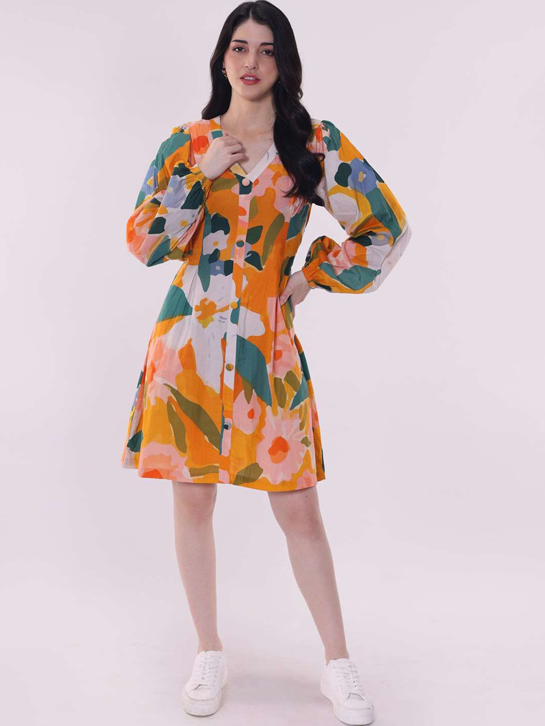 POPPI Women Printed Fit & Flare Floral Puff Sleeve Dress