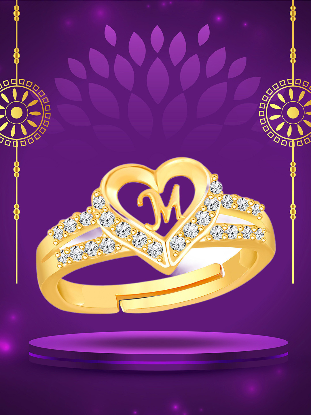 Heer Collection Gold Plated American Diamond Heart Shape M Alphabet Valentine Finger Ring