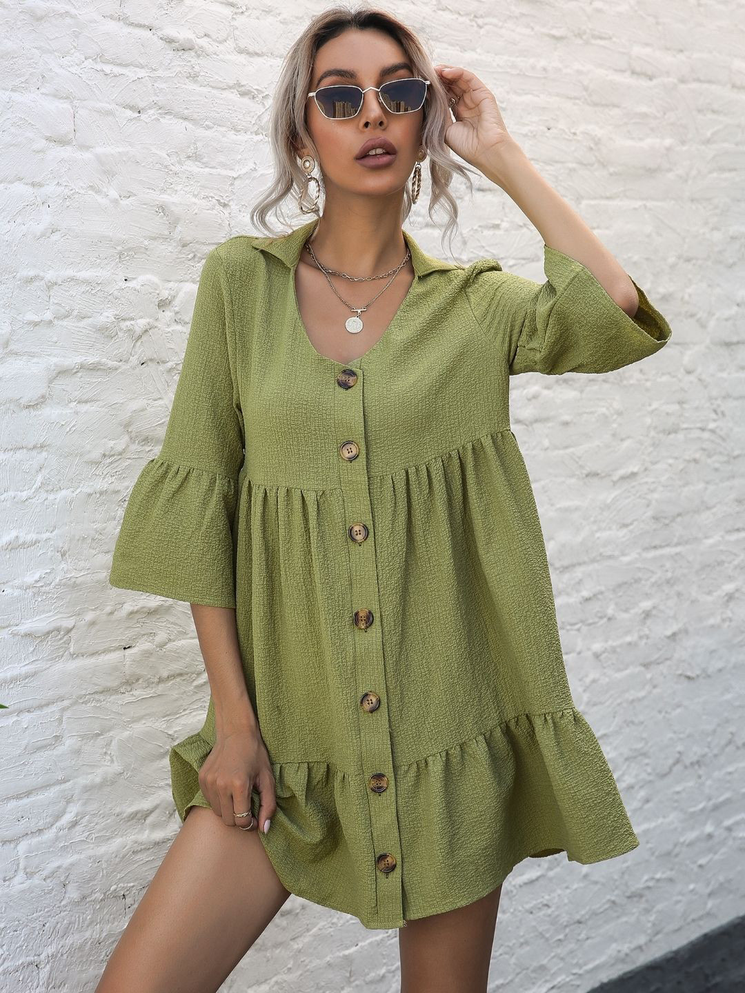 Green Self Design Bell Sleeve A-line Dress