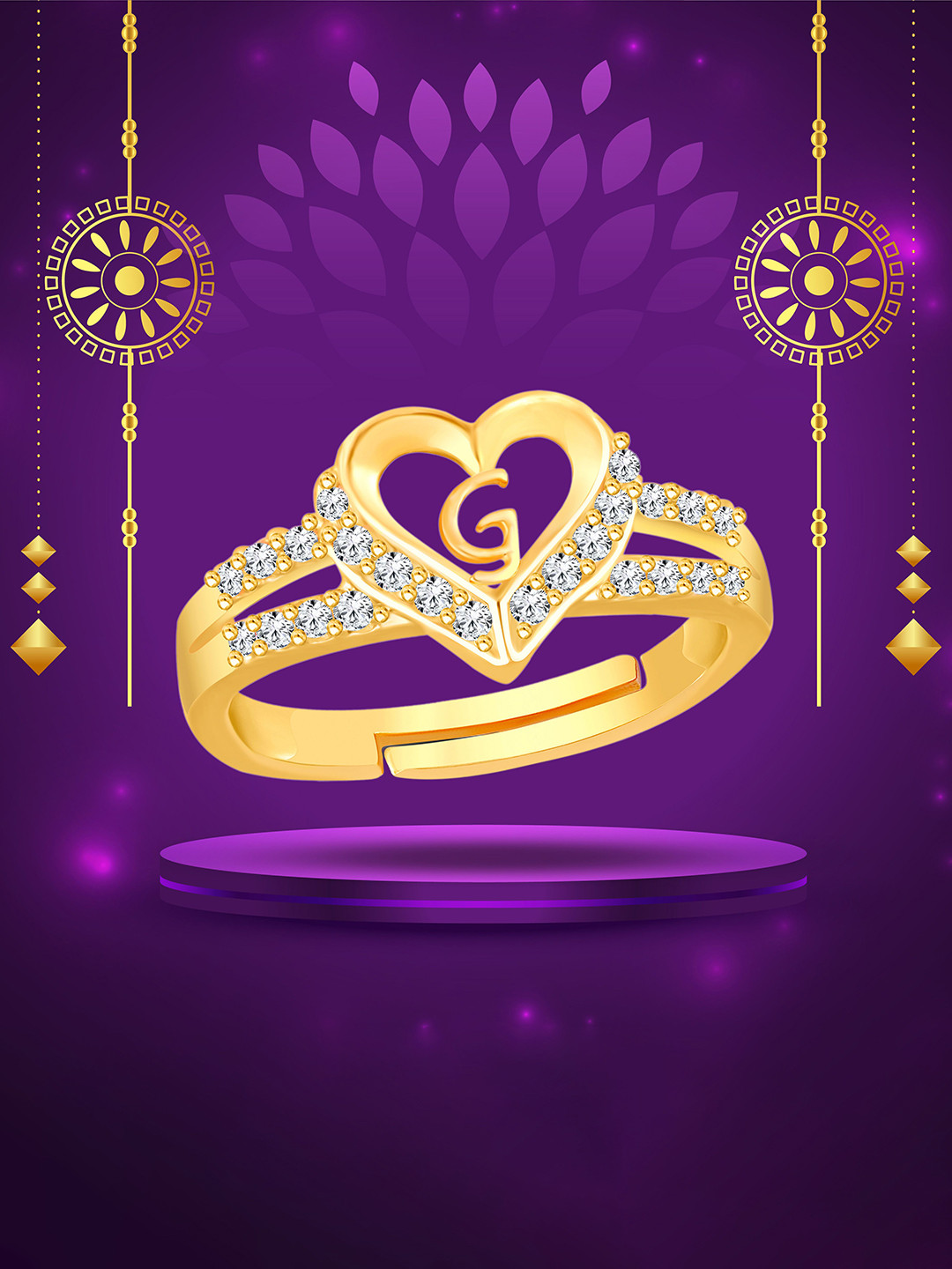 Heer Collection Gold Plated American Diamond Heart Shape G Alphabet Valentine Finger Ring