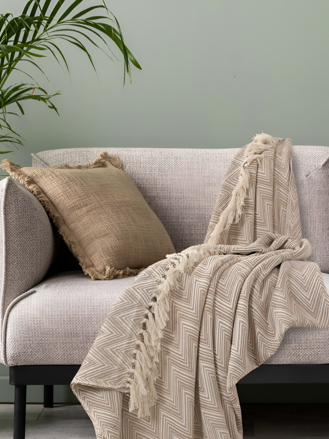 SASHAA WORLD Beige Colored Zig Zag Patterned Cotton Breathable Throws