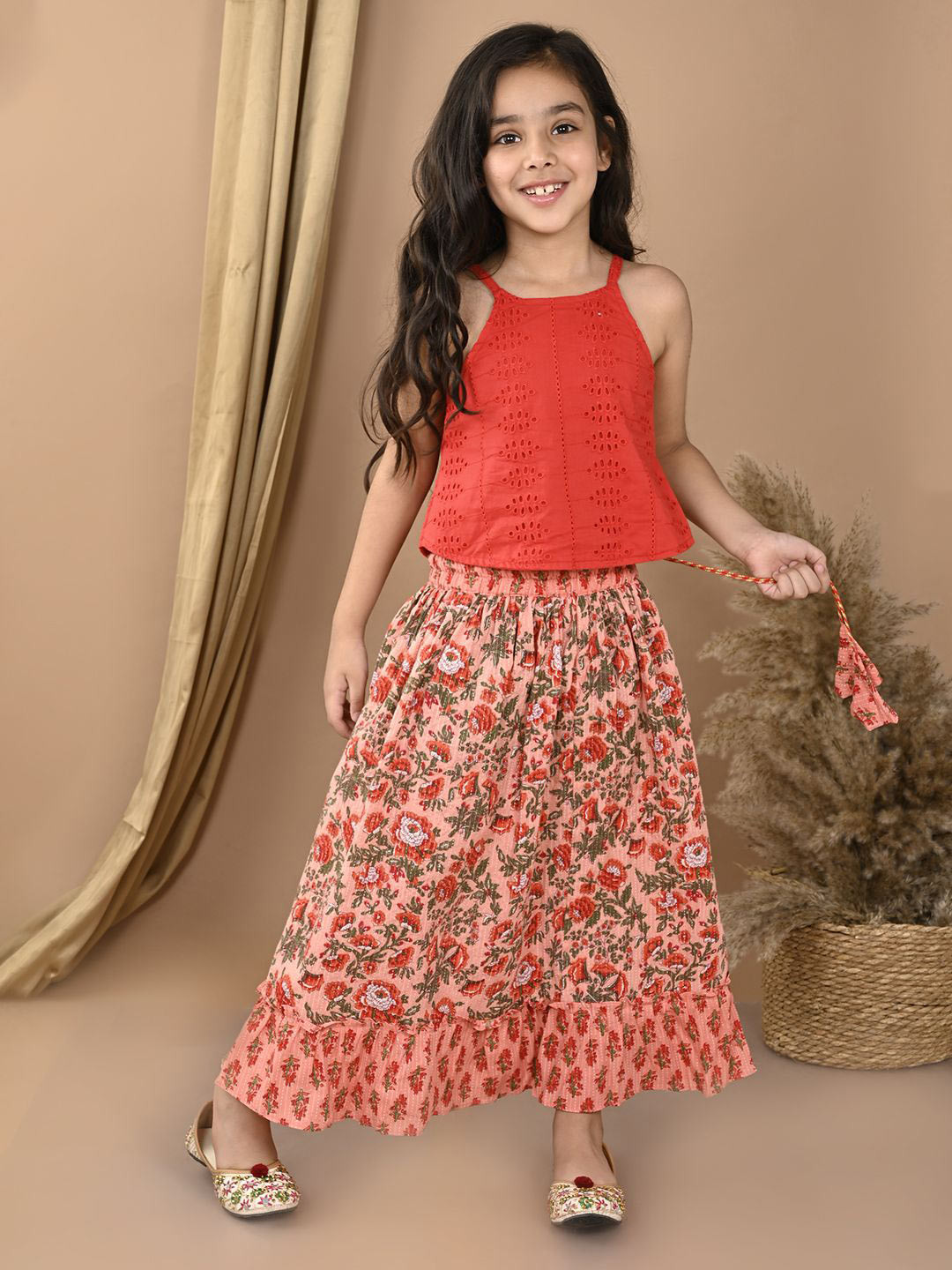 Sangria Peach-Coloured Girls Embroidered Katha Work Cotton Lehenga With Hakoba Blouse