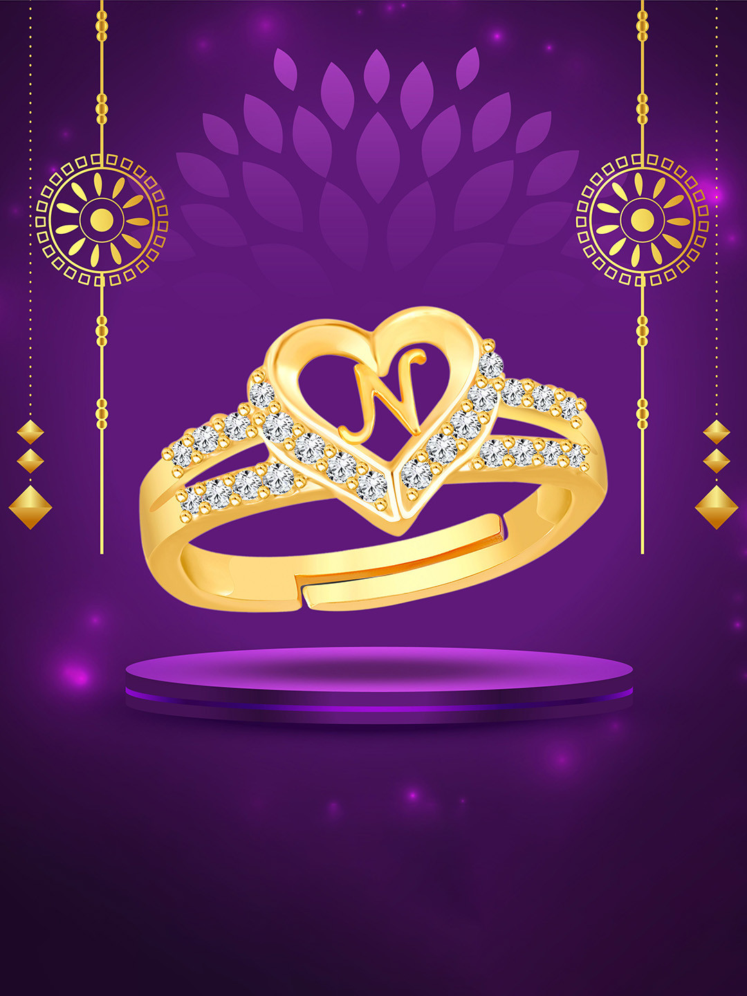 Heer Collection Gold Plated American Diamond Heart Shape N Alphabet Valentine Finger Ring