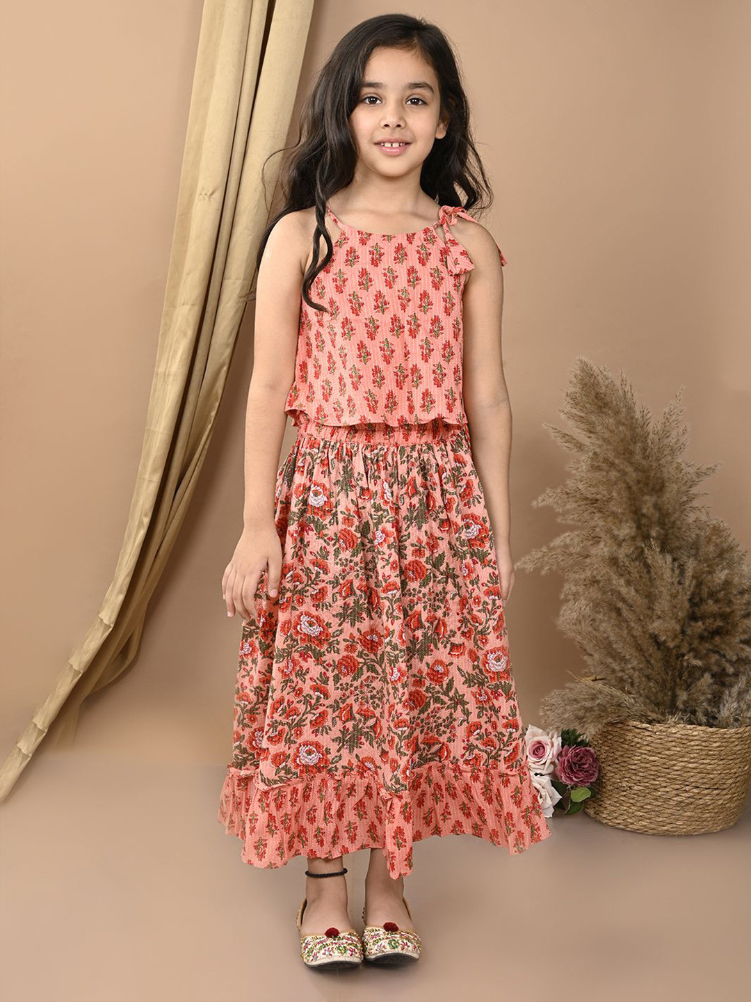 Sangria Red Girls Floral Printed Katha Work Cotton Ready to Wear Lehenga With Blouse