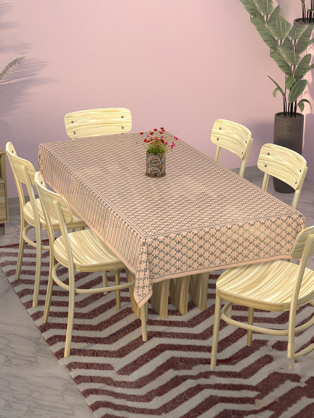 Kuber Industries Gold-Toned & Gre Floral Printed Cotton 6-Seater Table Cover