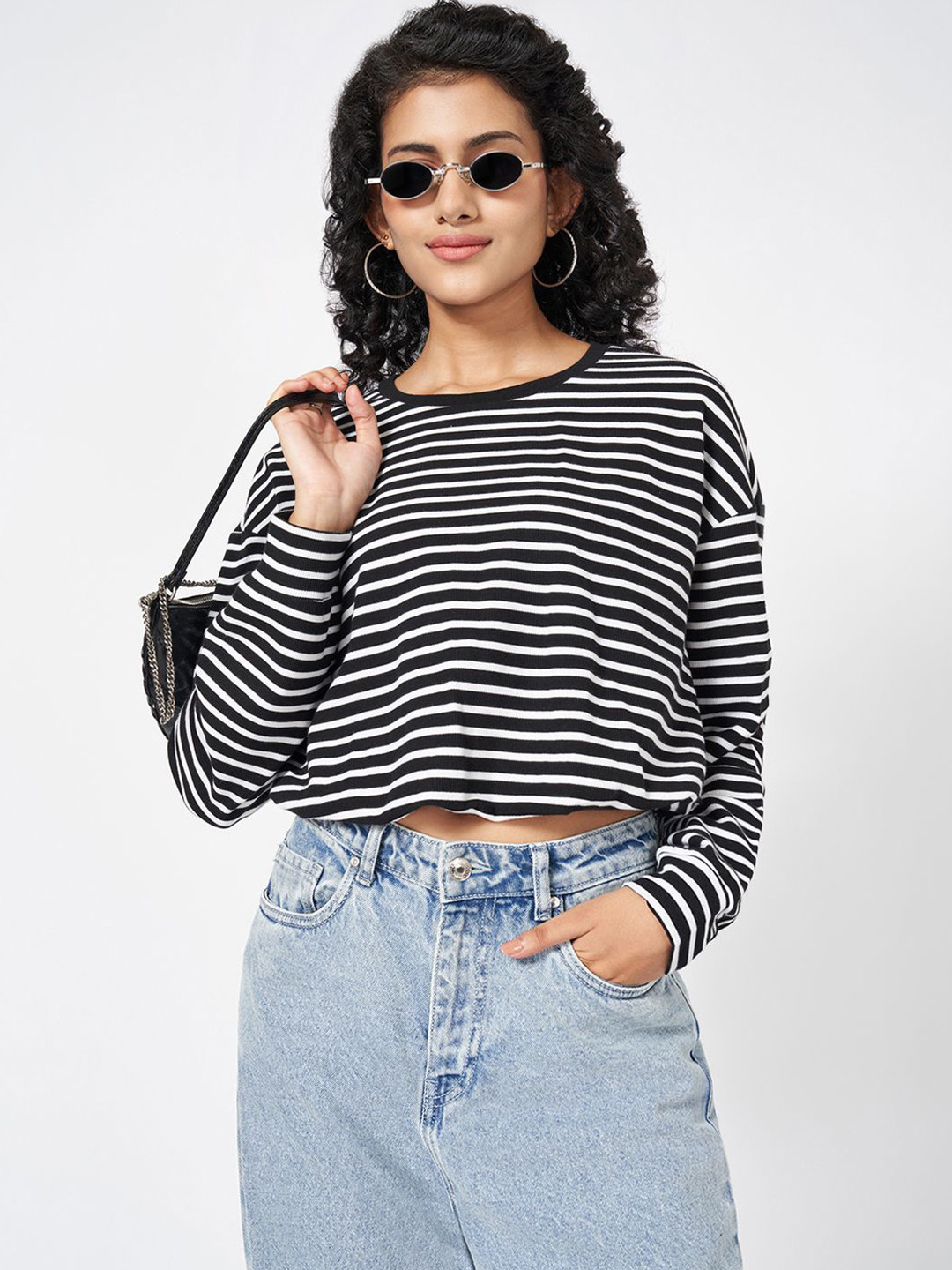 People Women Horizontal Striped Round Neck Cotton Top