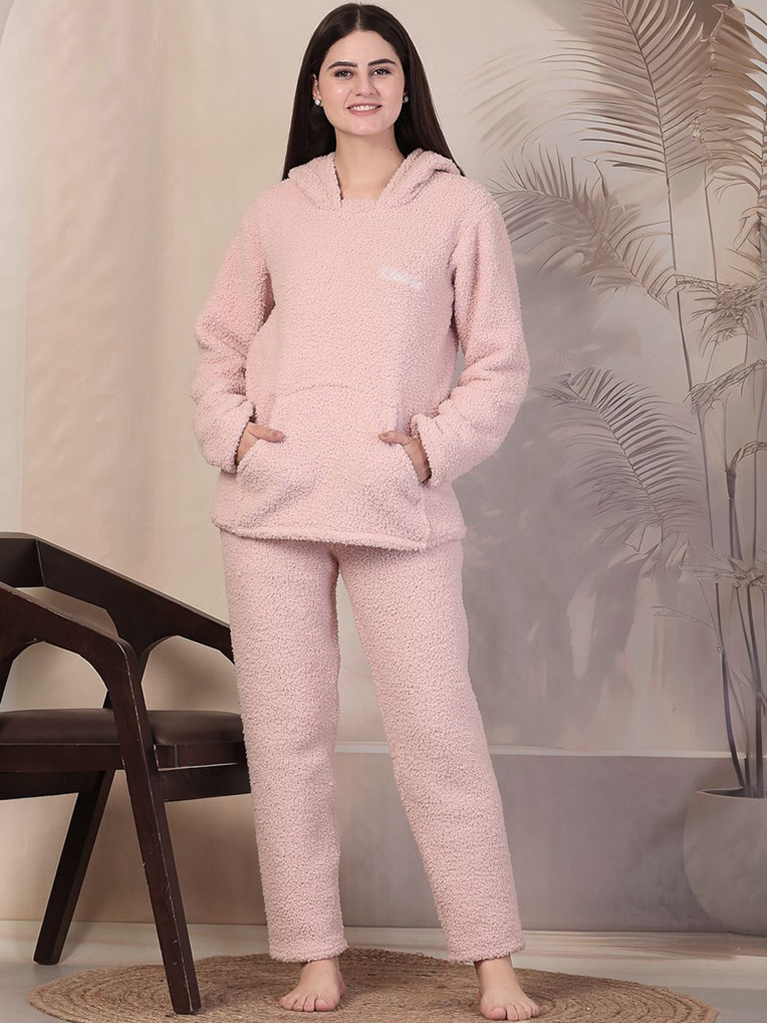 KLOTTHE Women Light Pink Solid Sherpa Heavy Winter Hooded Woolen Night Suit