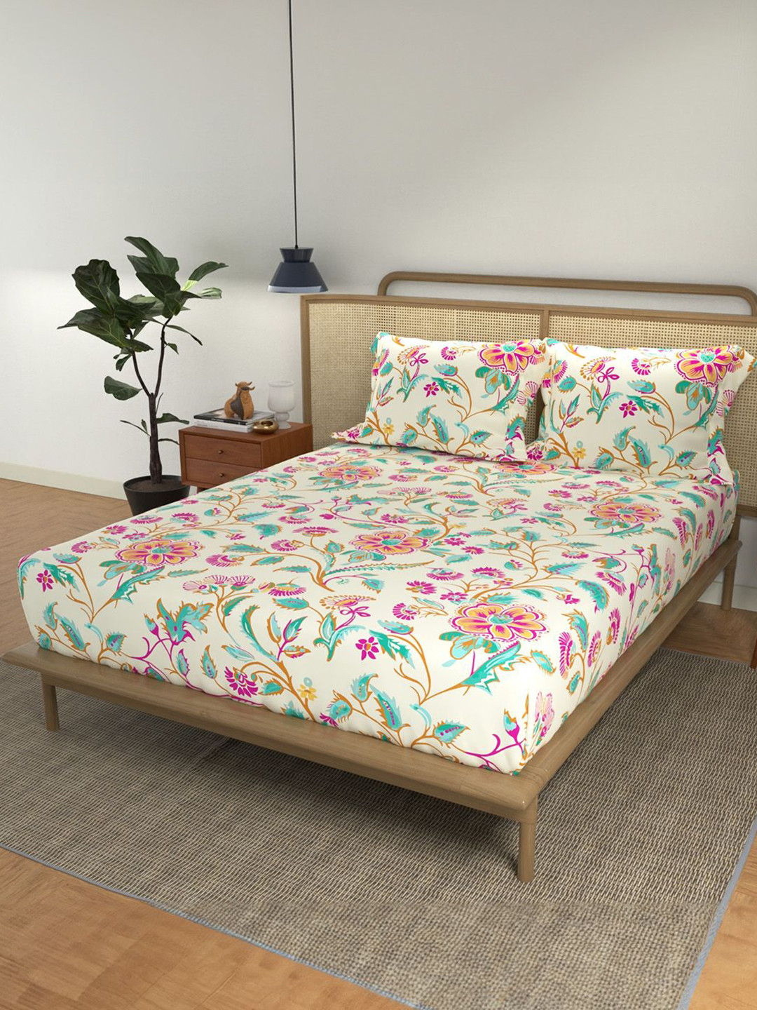 URBAN SPACE Monsoon Buttercream Off White Floral Cotton 144 TC Queen Bedsheet with 2 Pillow Covers-88 x 100 inches