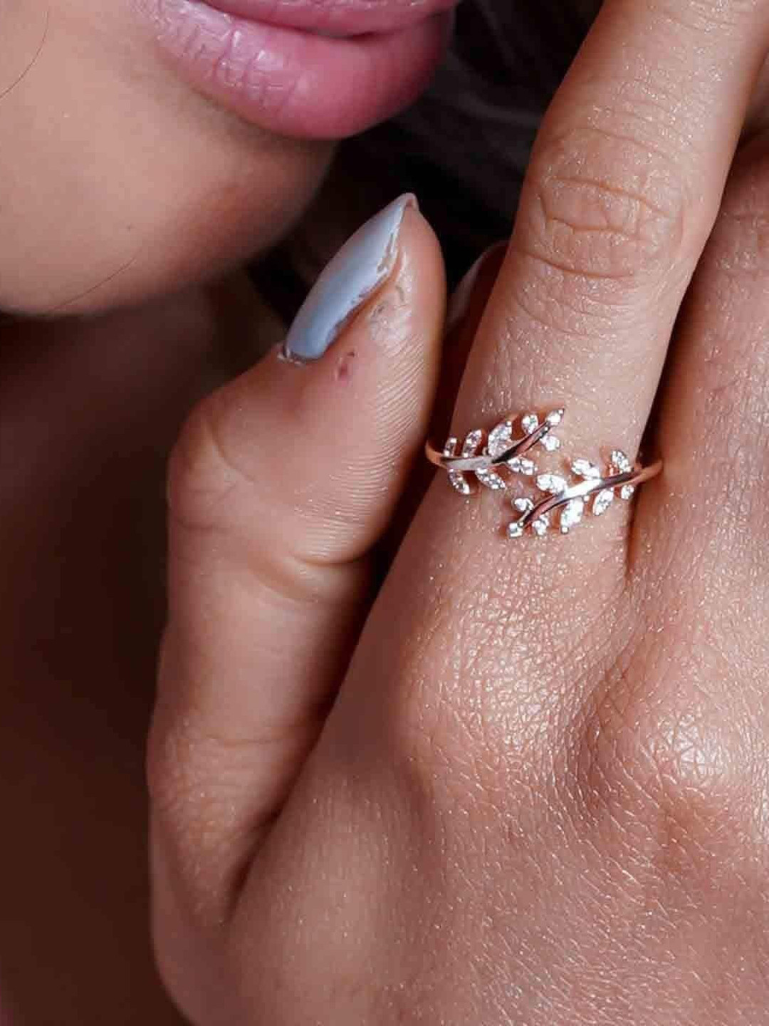 Heer Collection Rose Gold-Plated White CZ-Studded Adjustable Finger Ring