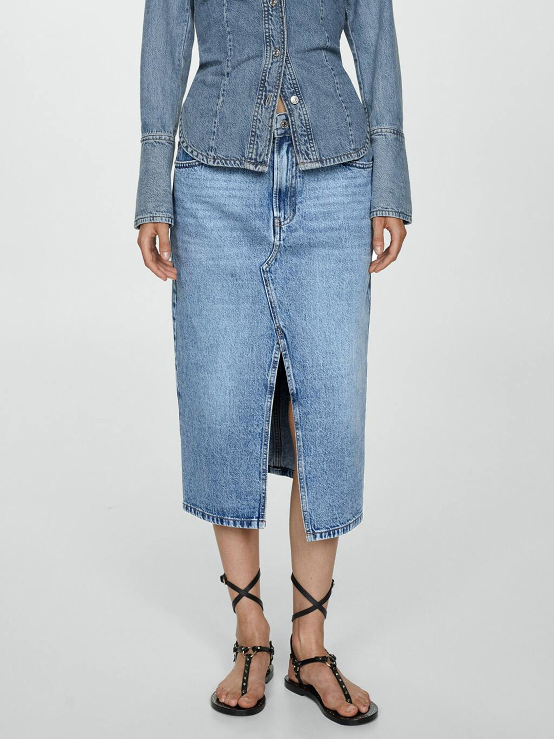 MANGO Front Slit Denim Midi Skirt