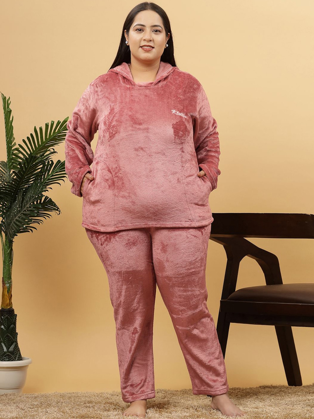 Women Rust Solid Round Neck Plus Size Hooded Woolen Night Suit