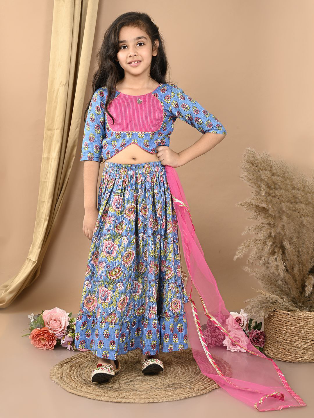 Sangria Girls Katha Printed Lehenga With Choli & Dupatta