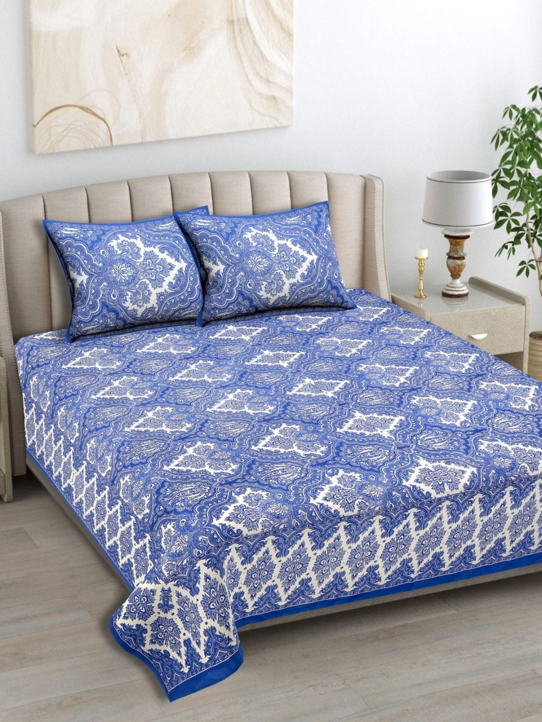 SUTI SWAN Blue Ethnic Motifs Cotton 120 TC King Bedsheet with 2 Pillow Covers-90 x 108 inches